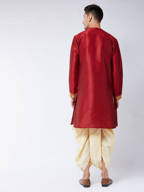 Vastramay Men's Maroon And Gold Silk Blend Kurta and Dhoti Set